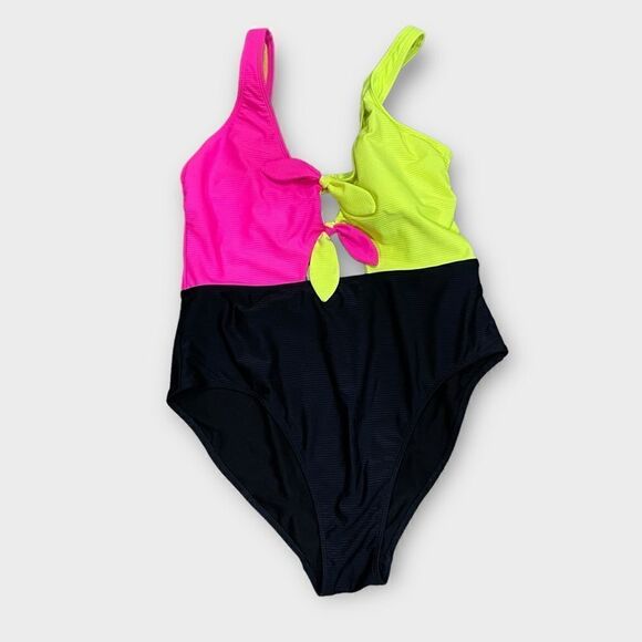 No Boundaries Neon Color Block cutout One-Piece Swimsuit Size L - Picture 1 of 4